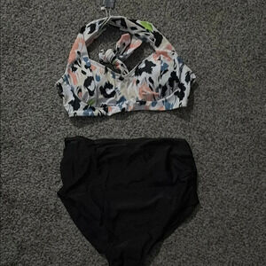 Patterned Halter Bikini Top and Black Bottoms